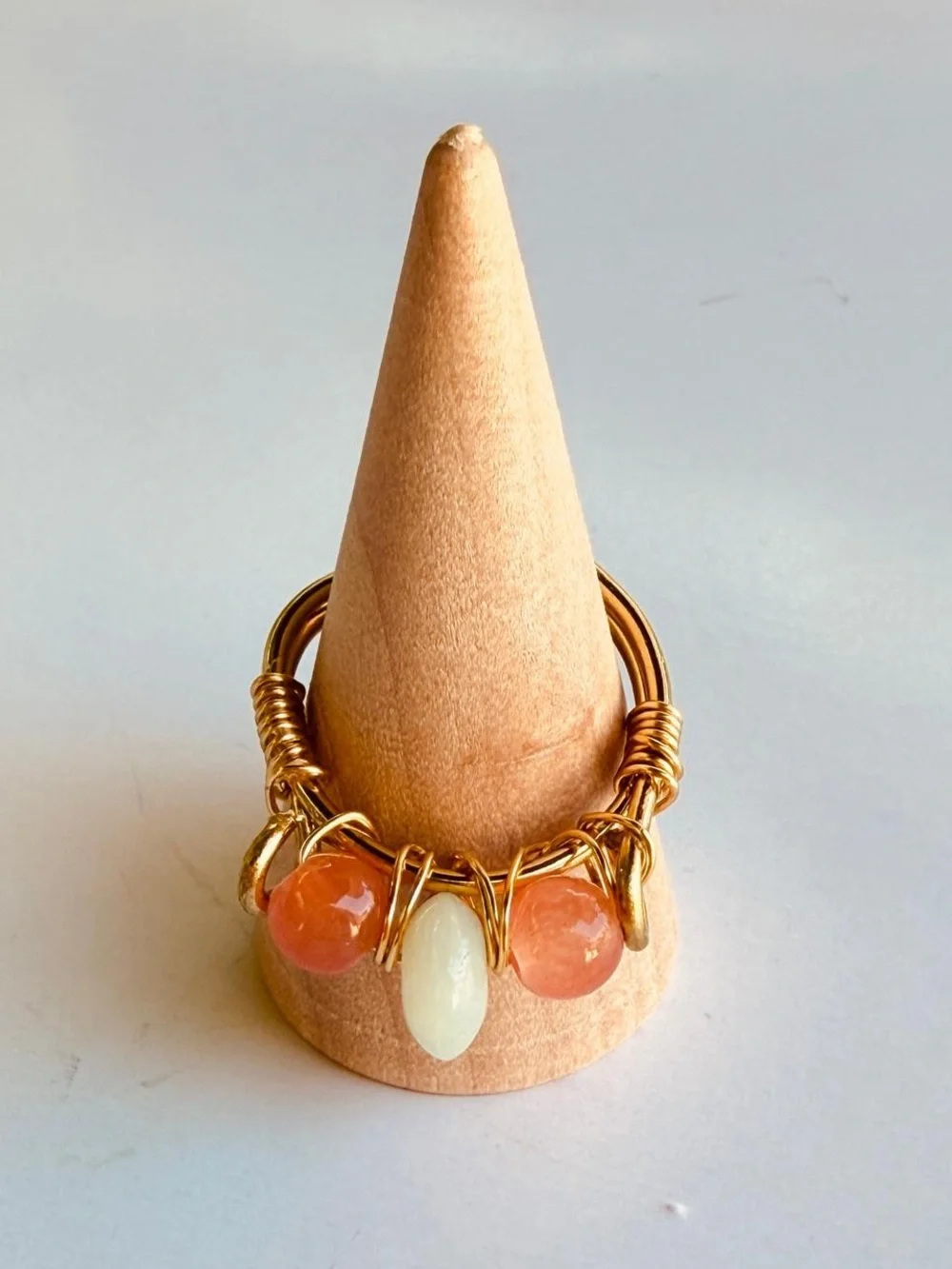 Gold Wire Ring with Coral and Cream Beads